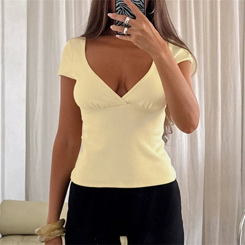 Women Basic T-shirt Crop Top Solid Color V Neck Short Sleeve Slim Fit Summer Tops Tee Streetwear for Casual Daily Wear