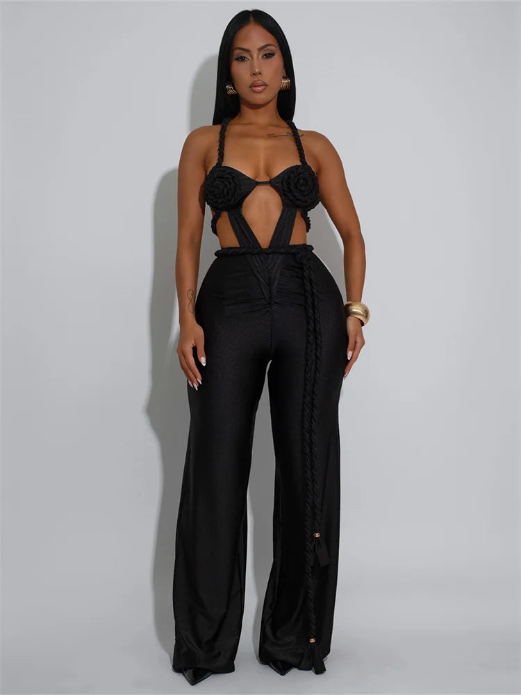 Hollow Jumpsuit Women Halter Chest Wrapped Waistless Backless Bandage Appliques Sexy Hottie High Street Hipster Overalls