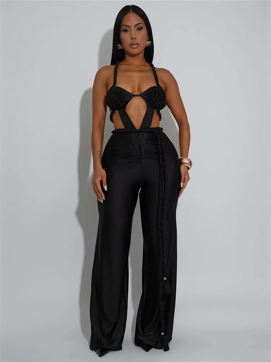 Hollow Jumpsuit Women Halter Chest Wrapped Waistless Backless Bandage Appliques Sexy Hottie High Street Hipster Overalls