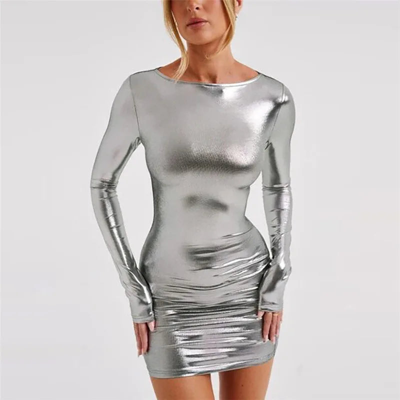 Gray Metallic Long Sleeve Bodycon Dress Fashion Fall Winter Short Dresses for Women Party Night Club Outfits
