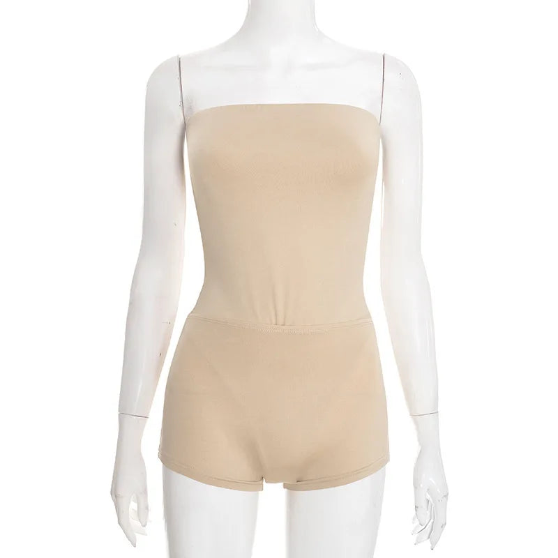 Women Strapless Tube Bodysuit and Shorts Two Piece Set Solid Color Seamless Bodycon Outfit Sexy Summer Loungewear