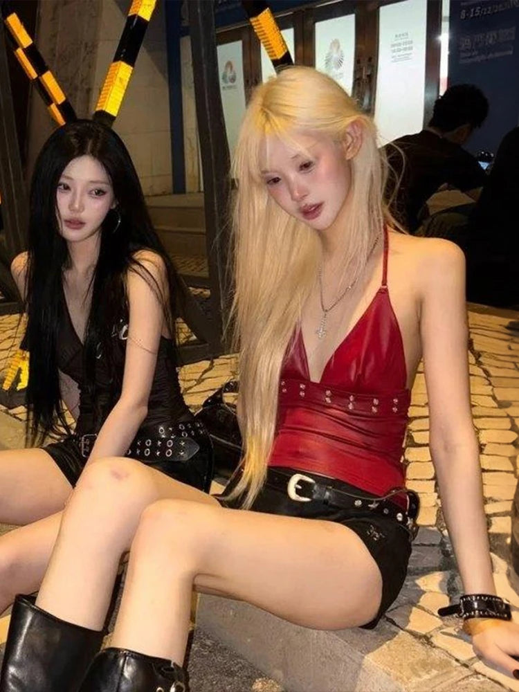 Sexy Metal Decoration Camisole Women v-Neck Faux Leather Midnight Hottie Music Festival Wild Fashion Classic Streetwear