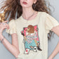 2025 Summer New Arrival Sweet Cool Faux Ice Silk Bubble Sleeve Printed Knit Sweater Women‘s’ Fit Short Sleeve Top