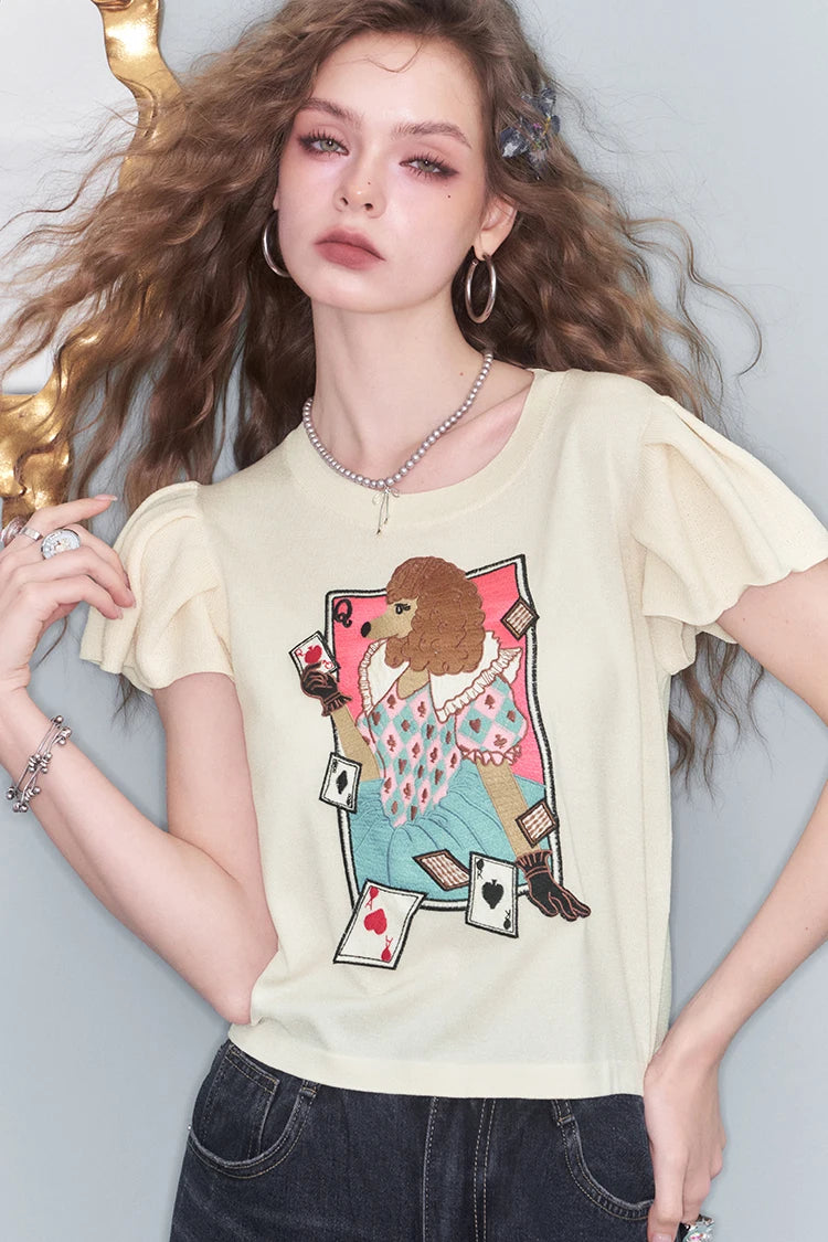 2025 Summer New Arrival Sweet Cool Faux Ice Silk Bubble Sleeve Printed Knit Sweater Women‘s’ Fit Short Sleeve Top