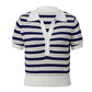 Y2K Women Lapel Knit Top Striped Short Sleeve Button V Neck Cropped T Shirt Slim Fitted Retro Casual Knitted Blouse