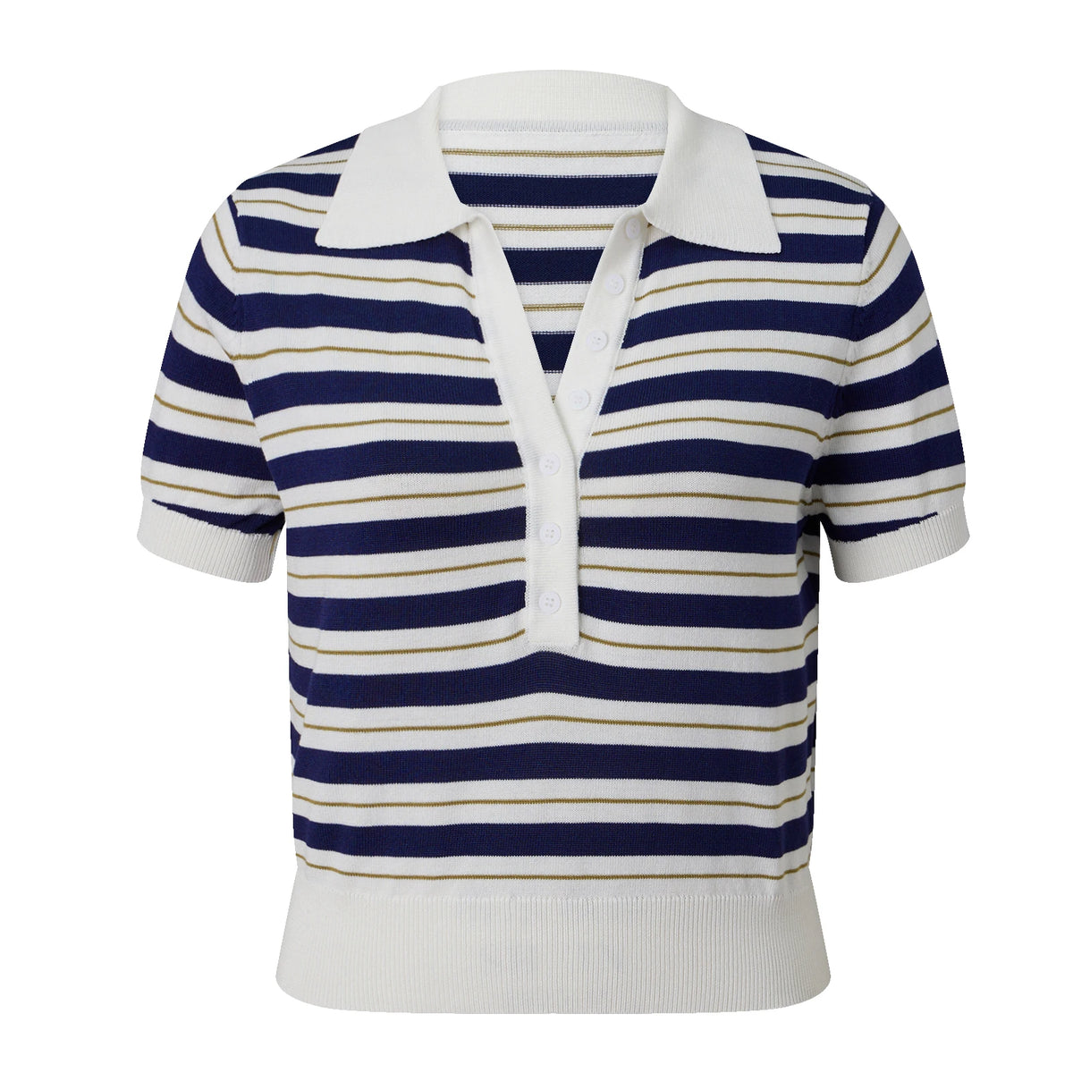 Y2K Women Lapel Knit Top Striped Short Sleeve Button V Neck Cropped T Shirt Slim Fitted Retro Casual Knitted Blouse