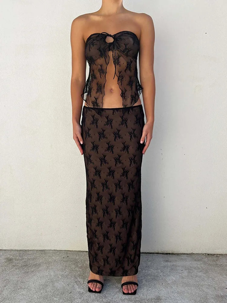 Women Sexy 2 Piece Outfits Skirt Sets Off Shoulder Strapless Sleeveless Lace See Through Tube Top Mesh Long Skirt Set