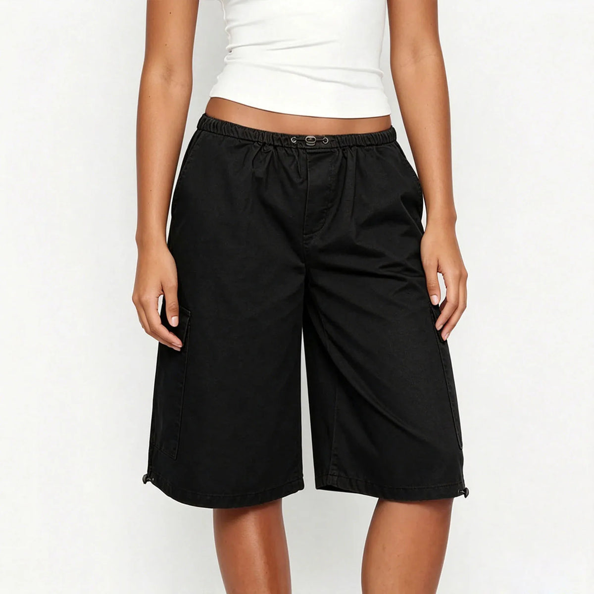 Women's Knee Length Cargo Shorts Elastic Drawstring Waist Loose Fit Bermuda Capris with Pockets Casual Streetwear Summer