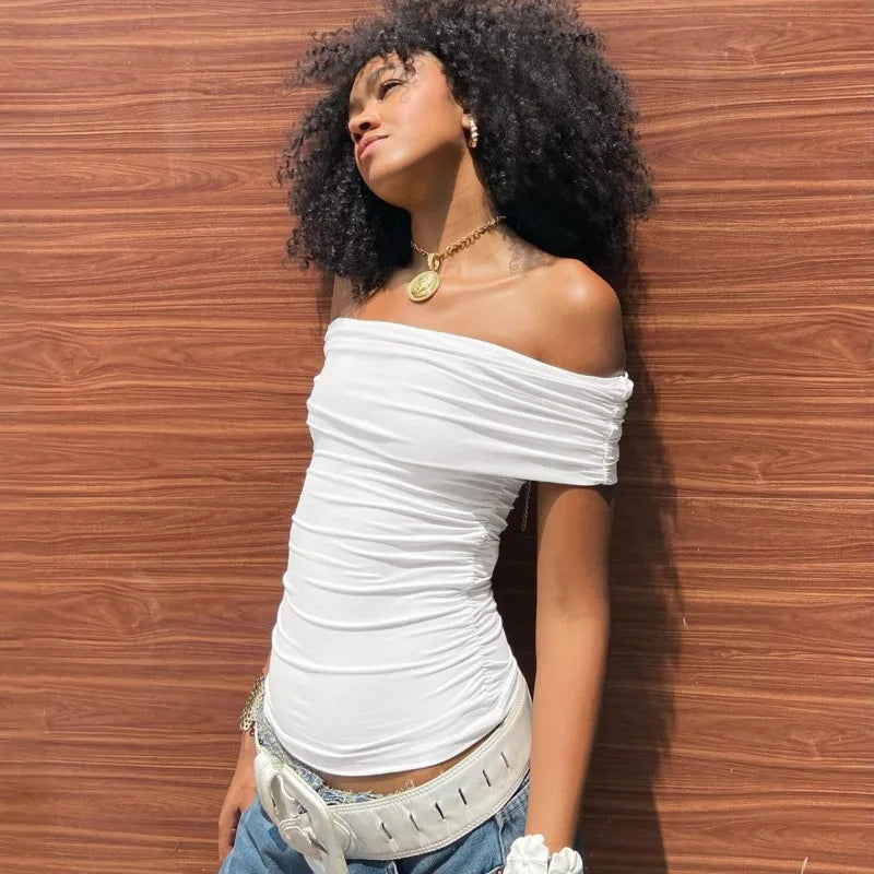 Off The Shoulder Ruched Crop Tops Women Trending Fashion Summer Short Sleeve T Shirts Black White