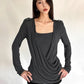 Button Decoration t-Shirt Women Square Collar Full Sleeve Folds Solid Leisure Classic Simple Comfortable Streetwear