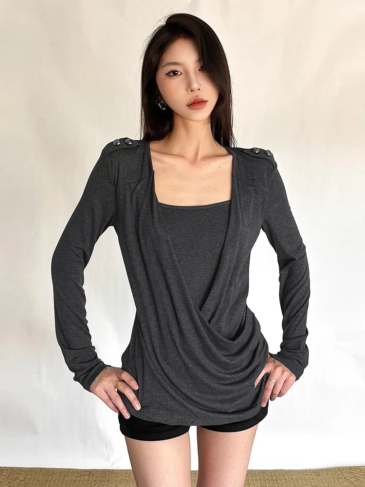 Button Decoration t-Shirt Women Square Collar Full Sleeve Folds Solid Leisure Classic Simple Comfortable Streetwear