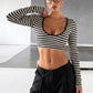 Stripes Print Crop Tops Woman Autumn Trend Low-Neck Full Sleeve Skinny Stretch High Street Versatile Style T-Shirts