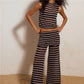 Striped Two Piece Loungewear Crew Neck Sleeveless Short Crop Top Wrap Cover Wide Leg Palazzo Pants Women Summer Set