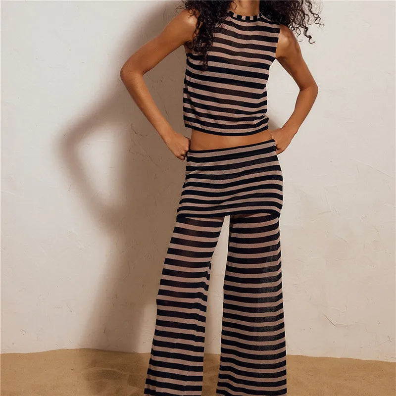Striped Two Piece Loungewear Crew Neck Sleeveless Short Crop Top Wrap Cover Wide Leg Palazzo Pants Women Summer Set