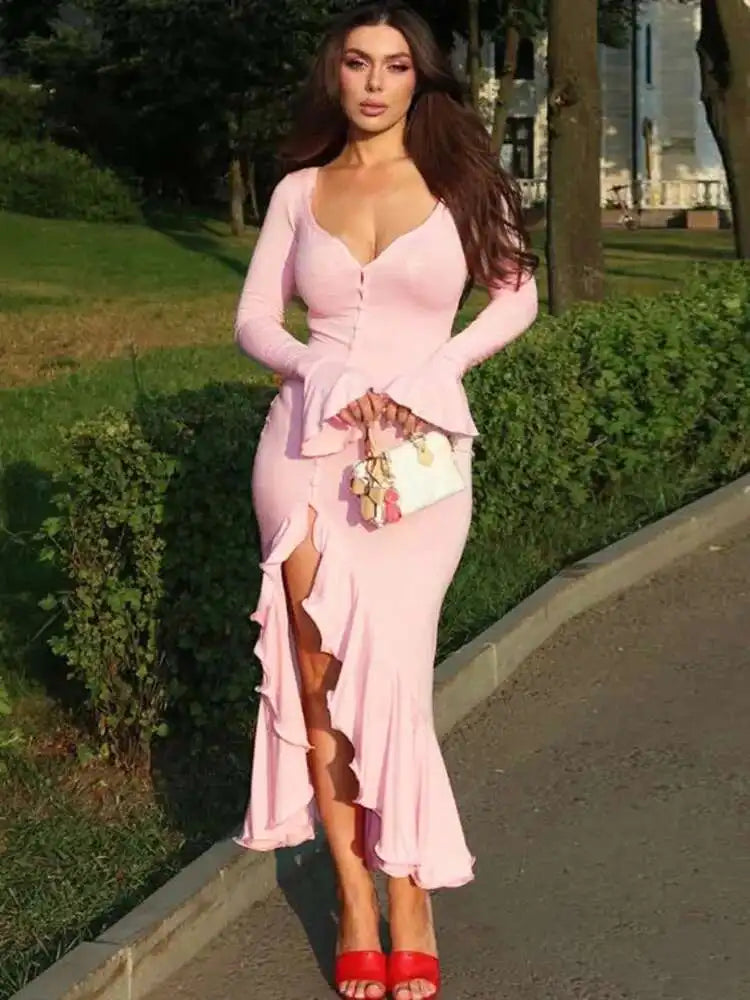 Flare Long Sleeve Ruffle Sexy Maxi Dress Women Autumn Pink V Neck Single-breasted High Waist Club Long Dresses Female
