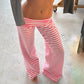 Y2K Fold Over Wide Leg Pants Preppy Women Striped Patchwork Low Waist Trousers Female Casual Lounge Yoga Sweatpants