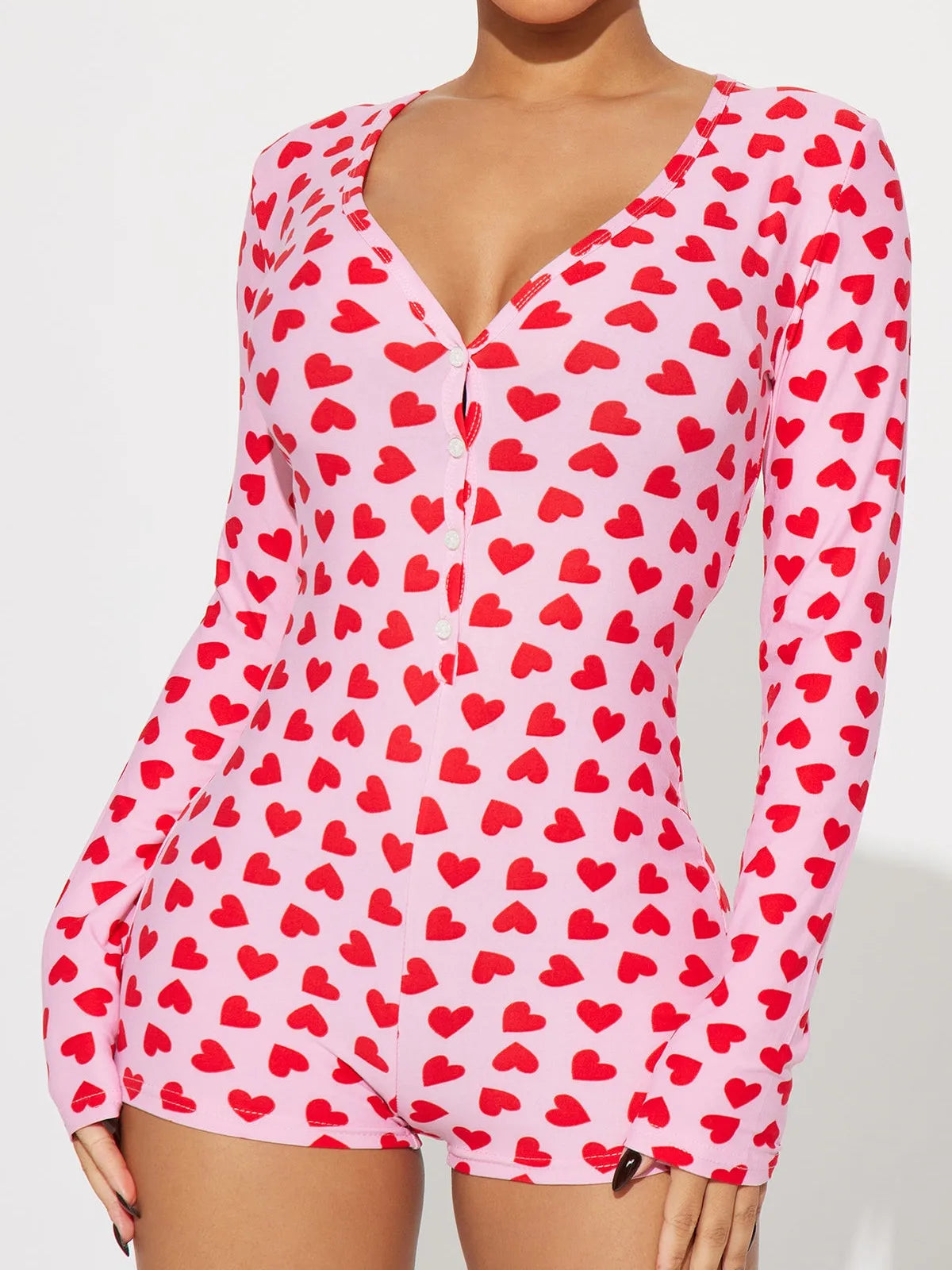 Women Valentines Day Jumpsuit Pajama Romantic Heart Print Long Sleeve V Neck Button Front Shorts Romper Fitted Sleepwear