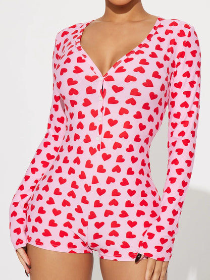 Women Valentines Day Jumpsuit Pajama Romantic Heart Print Long Sleeve V Neck Button Front Shorts Romper Fitted Sleepwear