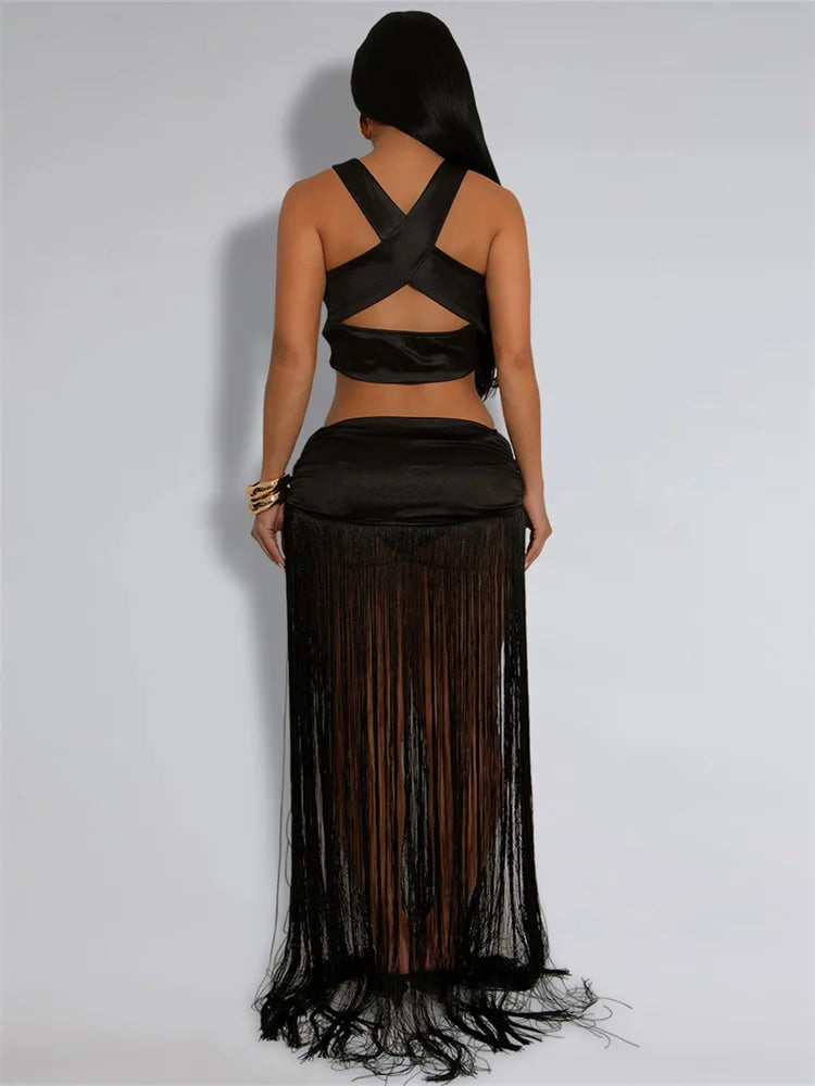Sexy Fashion 2 Piece Set Women Cross Bandage Backless Irregular Tank Tops+Tassel Patchwork Long Skirts Wild Style Set