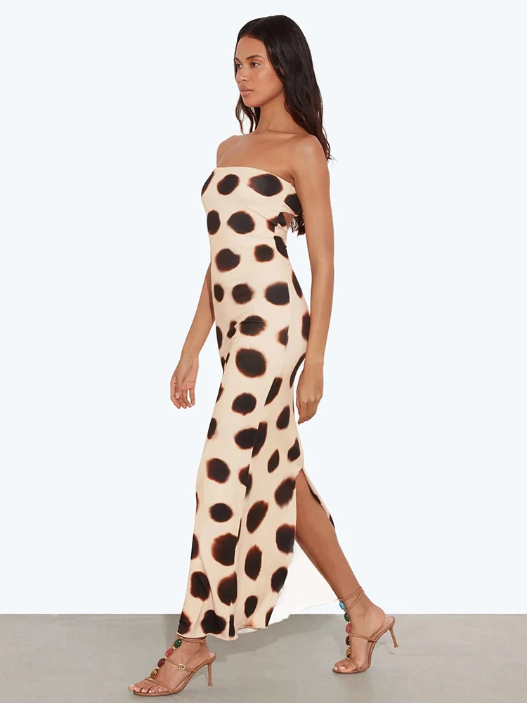 Sexy Hollow Backless Dress Women Fashion Simple Art Print Square Collar Split Sleeveless Elegant Party Club Bodycon