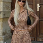 Leopard Print Long Sleeve 2 Piece Set Zip-up Hooded Crop Top and Mini Skirt Fall Outfits Womens Matching Sets