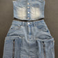 Denim Y2K Women 2 Piece Set Hipster Frock Pocket Strapless Tops+Peach Hip Skirts Matching Clubwear Vintage Outfits