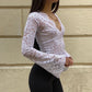 See Through Lace Shirts & Blouses Sexy Black Deep V Neck Long Sleeve Crop Top Woman 2025 Fall Clothes