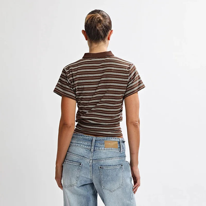 Womens Short Sleeve T-Shirt Stripe Print Buttons Collared Slim Fit Shirts Stylish Summer Casual Tops Streetwear