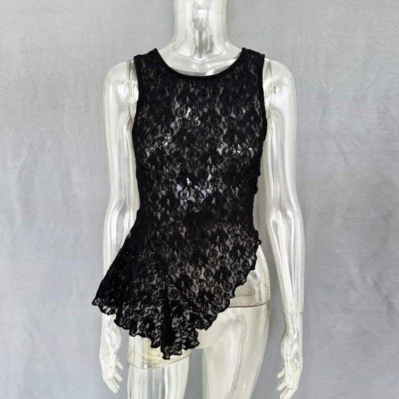 Sleeveless Asymmetrical Tops for Woman Clothing Sexy Summer See Through Lace Shirts & Blouses