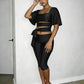 Fashion 3-Piece Set Women Solid Square Collar Flare Sleeve t-Shirt+Simple Belt+Elastic Waist Classic Short Slim Suit