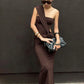 Casual Long Dress Woman Ruched Kink Design Skew Inclined Shoulder Sleeveless Backless Street Fashion Style Slim Vestidos