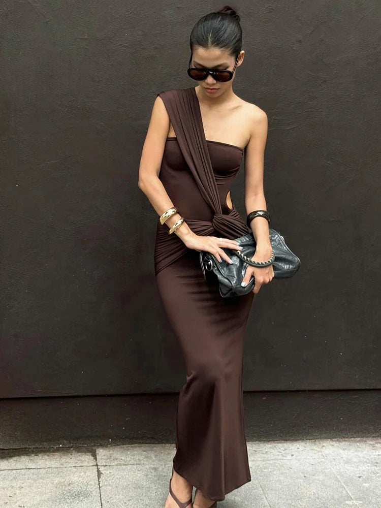 Casual Long Dress Woman Ruched Kink Design Skew Inclined Shoulder Sleeveless Backless Street Fashion Style Slim Vestidos