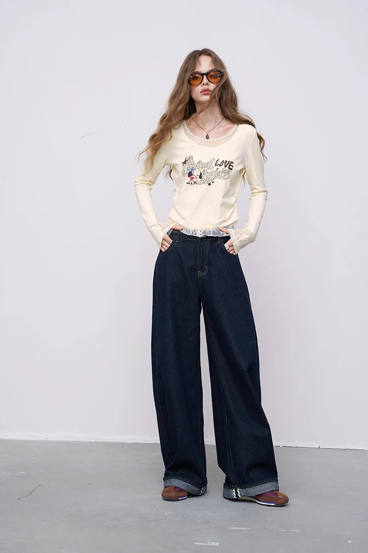 Women's Long Sleeve Graphic Tee with Cartoon Print, Lace Trim Crop Top, Cute Casual T-Shirt for Daily Wear