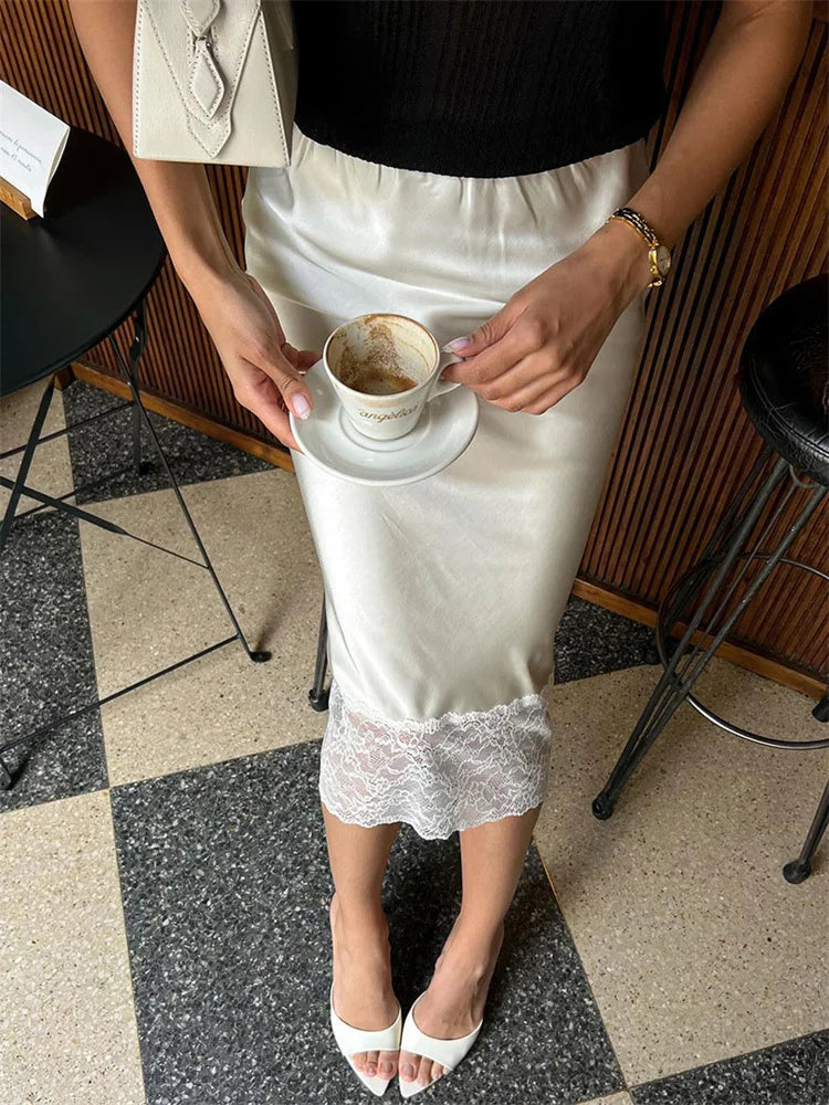 White Casual Lace Long Skirt For Women Slim High Waist Patchwork Elegant Commute Clothes Summer Female Maxi Skirt New