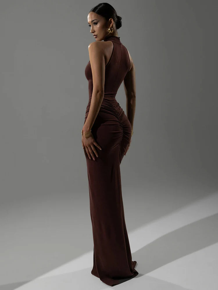 Halter Ruched Sleeveless Sexy Maxi Dress Women Gown Fashion Slim High Waist Evening Club Party Split Long Dress