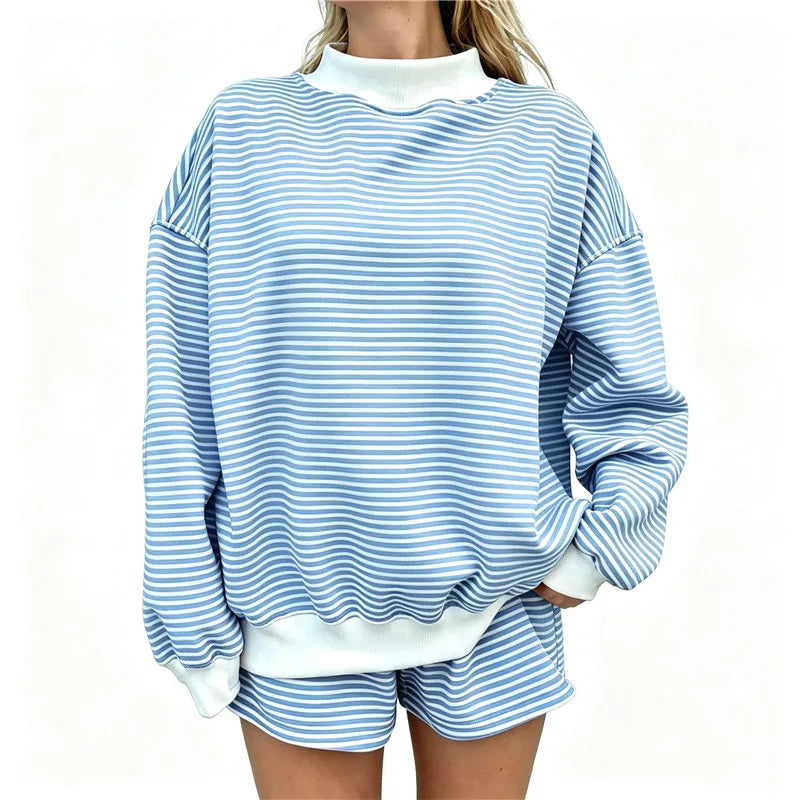 Women Mock Neck Striped Loungewear Two Piece Set Oversized Long Sleeve Sweatshirt And Shorts Casual Pajama Outfit