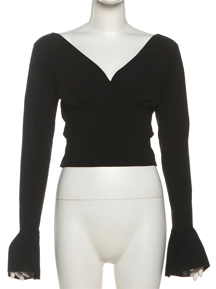 Sexy Fashion 2-Piece Set Women V-Neck Backless Lace-Up Ruffle Sleeve Crop Tops+Hollow Peach Hip Skirts Hottie Clubwear