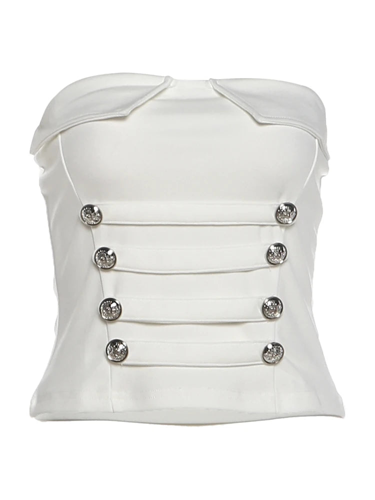 Button Decoration 2-Piece Set Women Low-Neck Striped Decoration Tank Top+Elastic Waist Hottie Short Fashion Clubwear