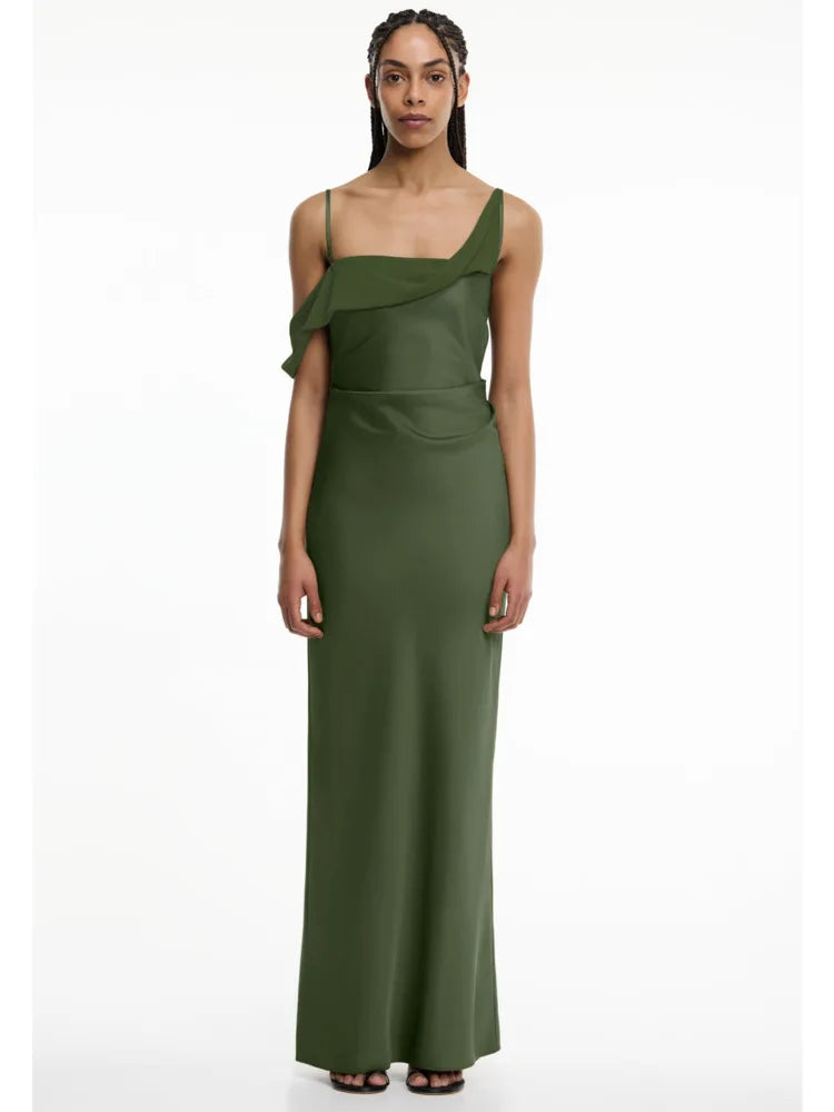 Women Satin Maxi Dress Elegant Spaghetti Strap Evening Party Gown Elegant Draped Formal Wedding Guest Long Dress