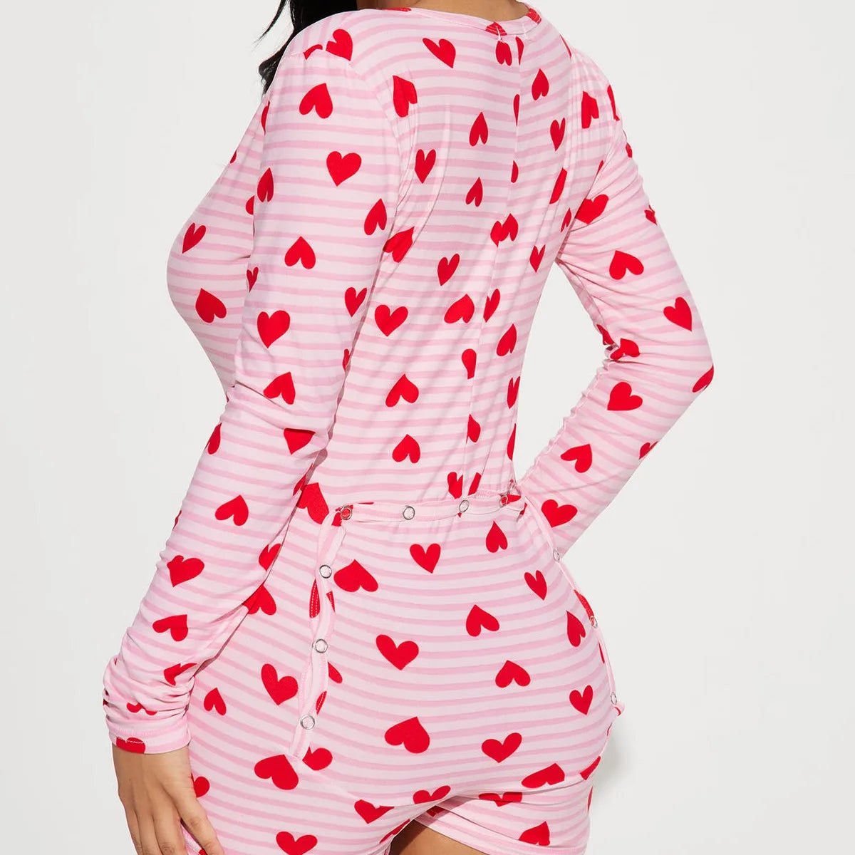 Women Valentines Day Jumpsuit Pajama Romantic Heart Print Long Sleeve V Neck Button Front Shorts Romper Fitted Sleepwear