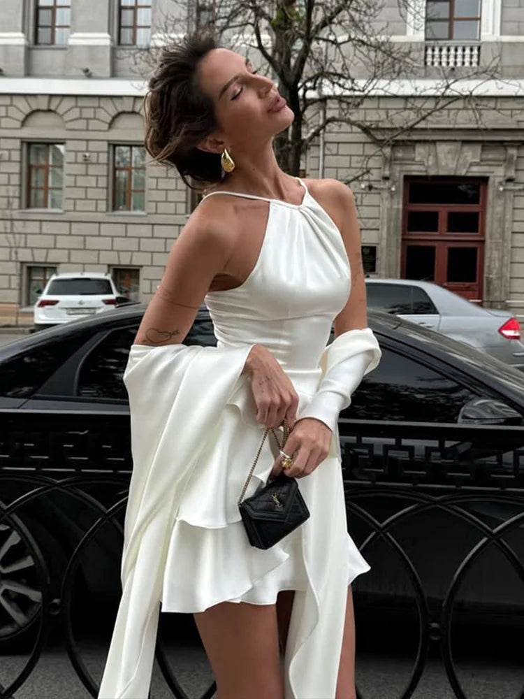 Sleeveless Backless Ruffled Mini Dress with Shawl Cocktail Party Satin White Elegant Dresses Woman 2025