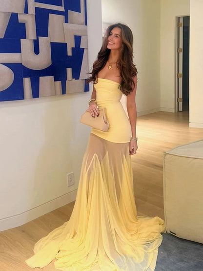 Patchwork See Through Dress Women Elegant Solid Pleated Strapless Sleeveless Backless Slim Banquet Party Vestidos