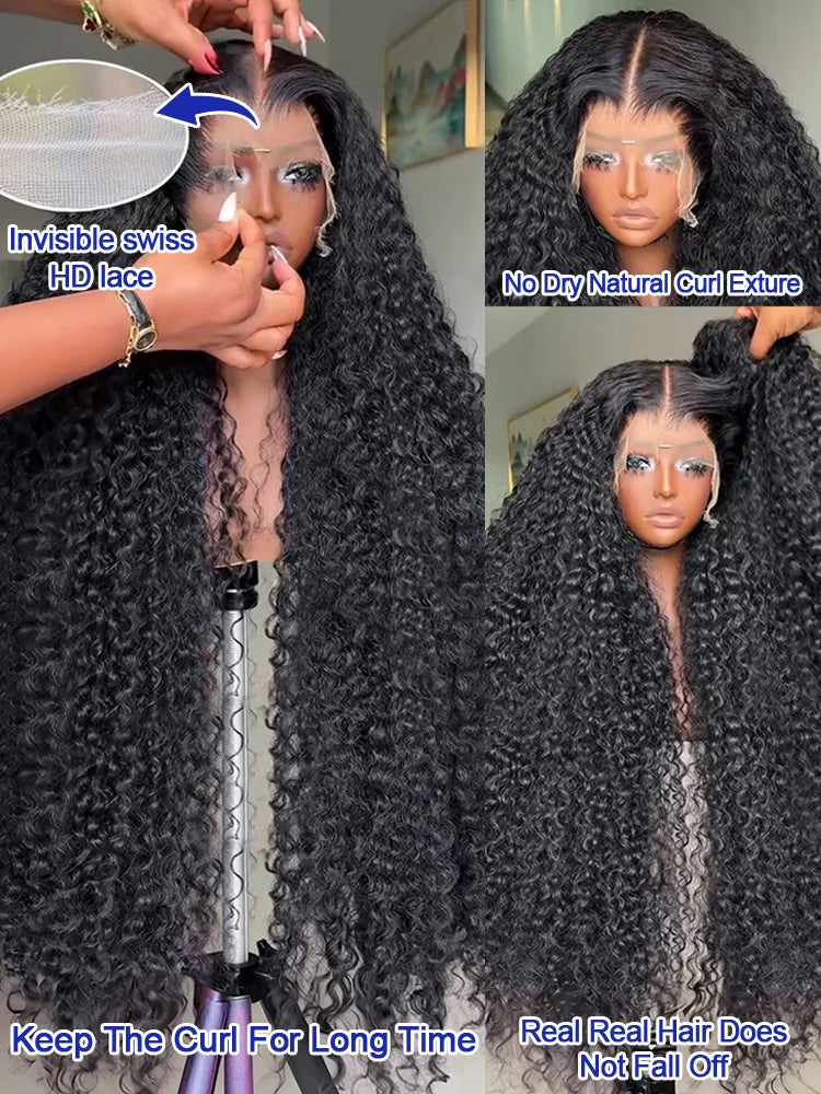 40 42 Inch 300% Density Natural Black Water Wave Jerry Curly Raw Vietnamese HD Invisible Lace Frontal Human Hair Wig For Women