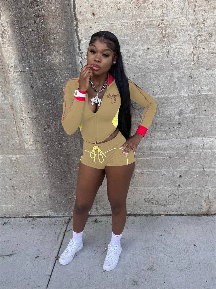 Casual Tracksuit 2-Piece Set Women Patchwork Zip Letter Print Jacket+Drawstring Shorts Matching Simple Sporty Outfit