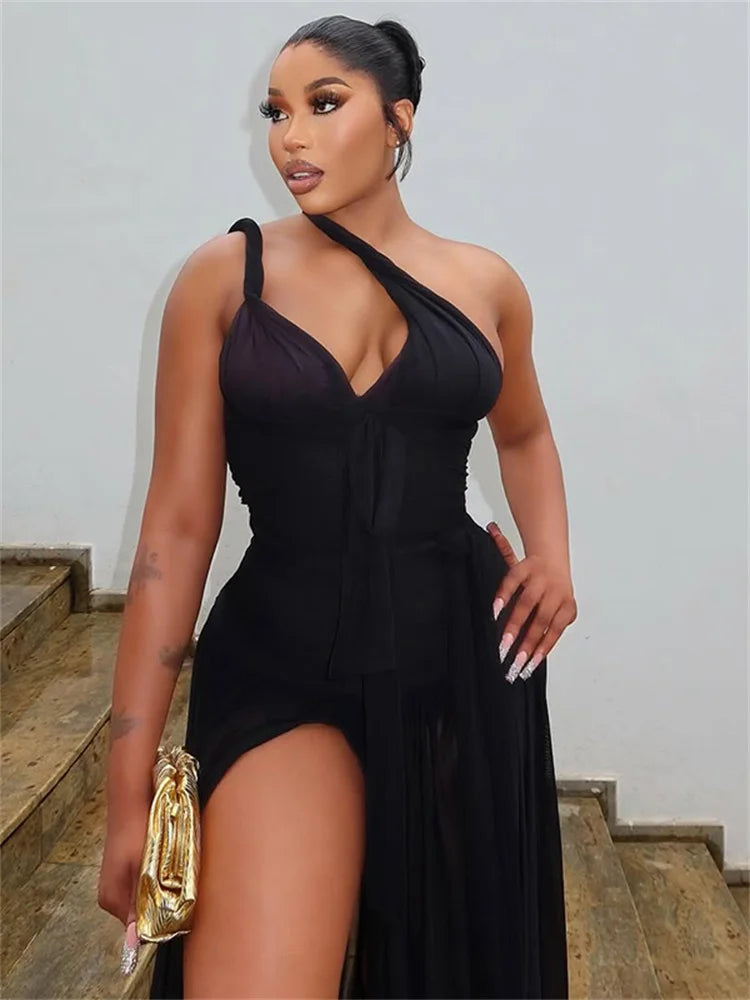 Sexy Maxi Dress Women Backless Sleeveless Asymmetrical Collar High Slit Tassel Midnight Banquet Fashion Skinny Vestidos