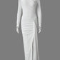 One Shoulder Mesh Long Sleeve Maxi Dress Women Ruched Thigh High Slit Bodycon Evening Party Wedding Guest Long Dress