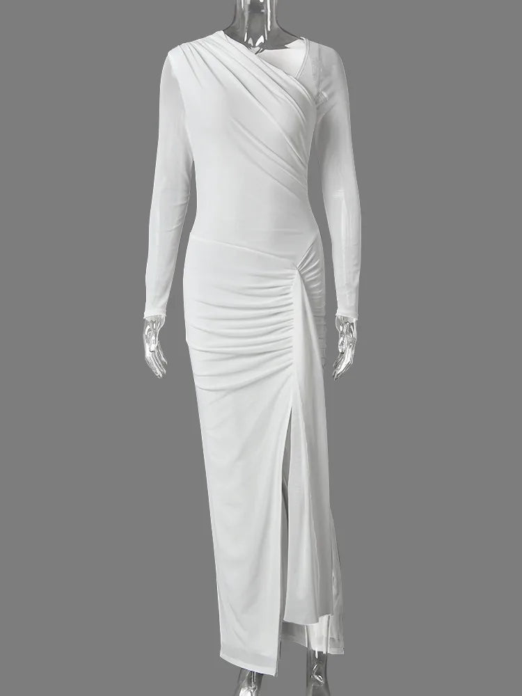 One Shoulder Mesh Long Sleeve Maxi Dress Women Ruched Thigh High Slit Bodycon Evening Party Wedding Guest Long Dress