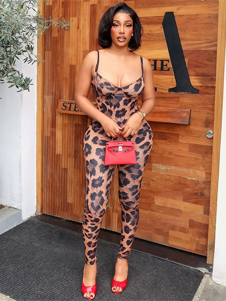 Leopard Print Jumpsuit Women Low-Neck Sleeveless Backless Skinny Sexy Midnight Elasticity Summer Fashion Streetwear