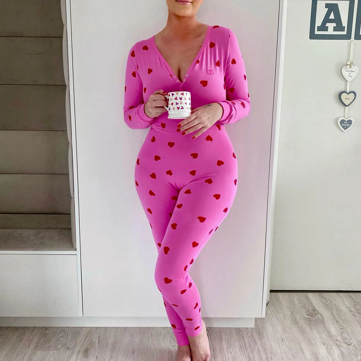 Women Bodycon Jumpsuits Heart Print V-Neck Long Sleeve Rompers Fall Winter Casual Playsuits Valentine's Day Clothes