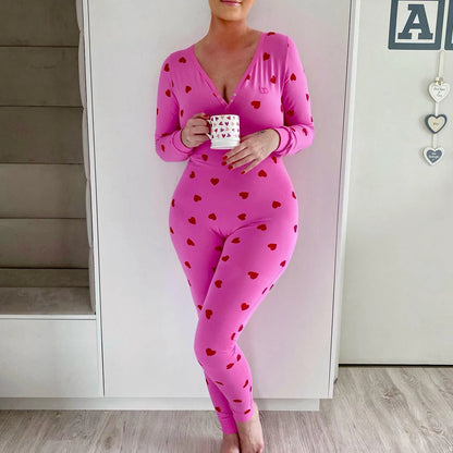 Women Bodycon Jumpsuits Heart Print V-Neck Long Sleeve Rompers Fall Winter Casual Playsuits Valentine's Day Clothes